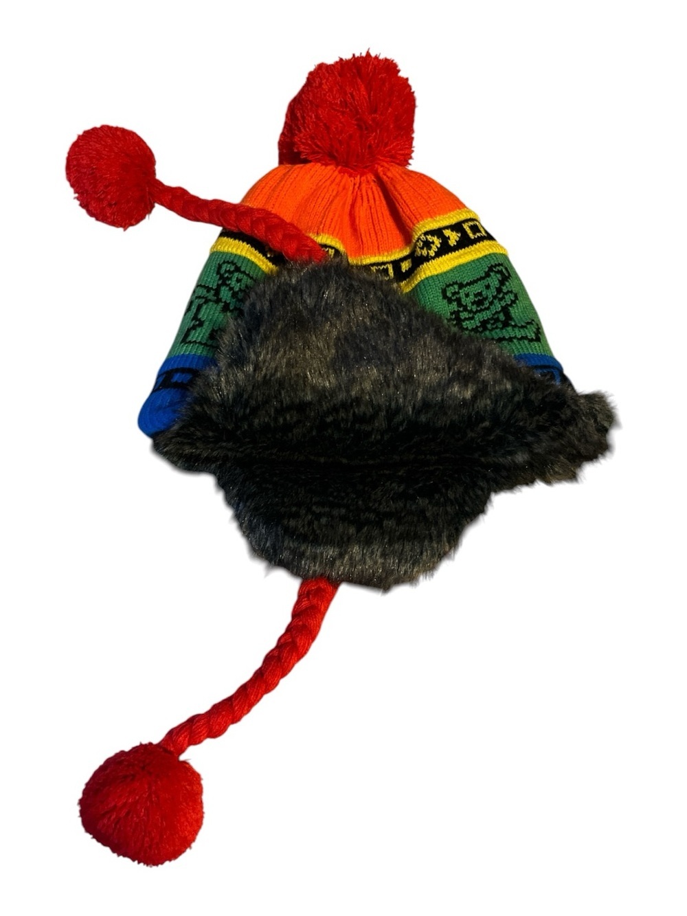 Grateful Dead Rainbow Knit Pom-Pom, Faux Fur Lined Flap Hat with Tassels - NWT - Picture 2 of 9